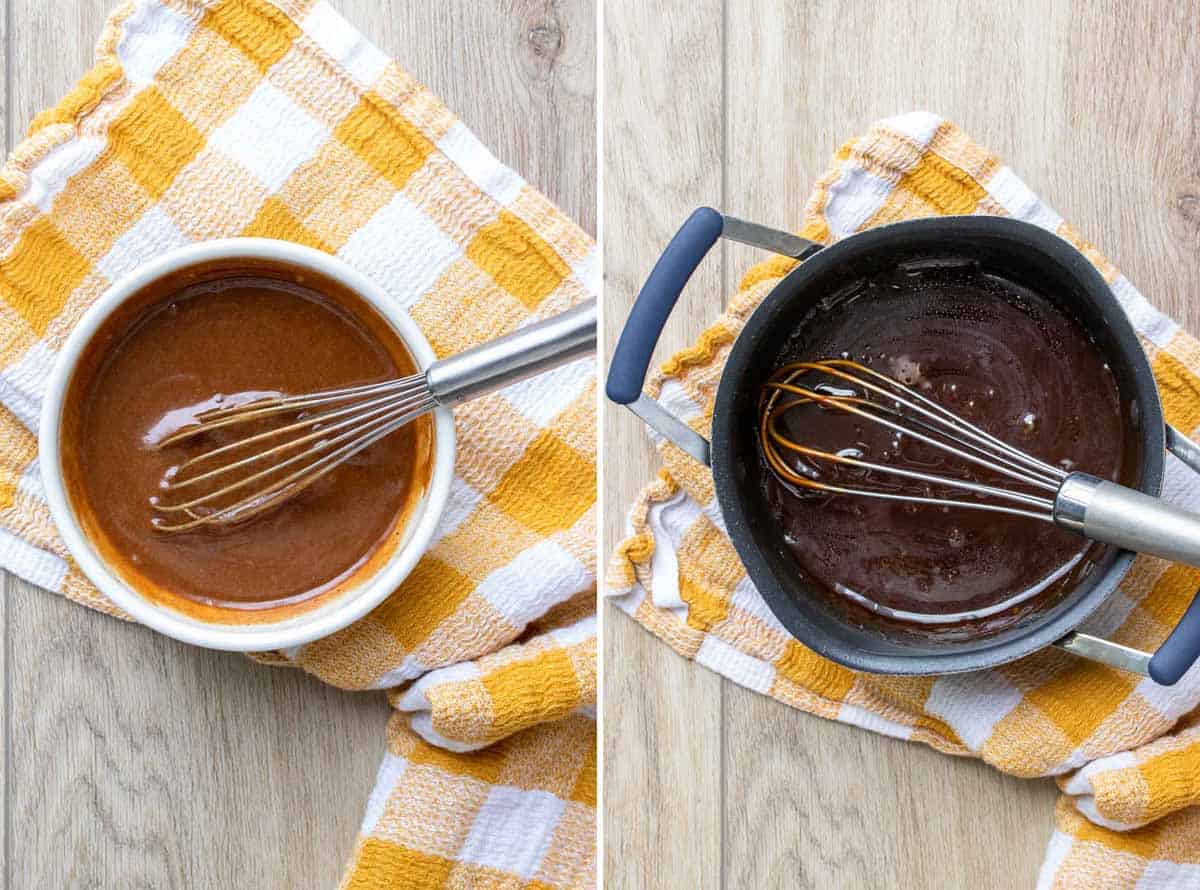 Collage of a light caramel sauce being mixed in a bowl and a dark one being mixed in a pot
