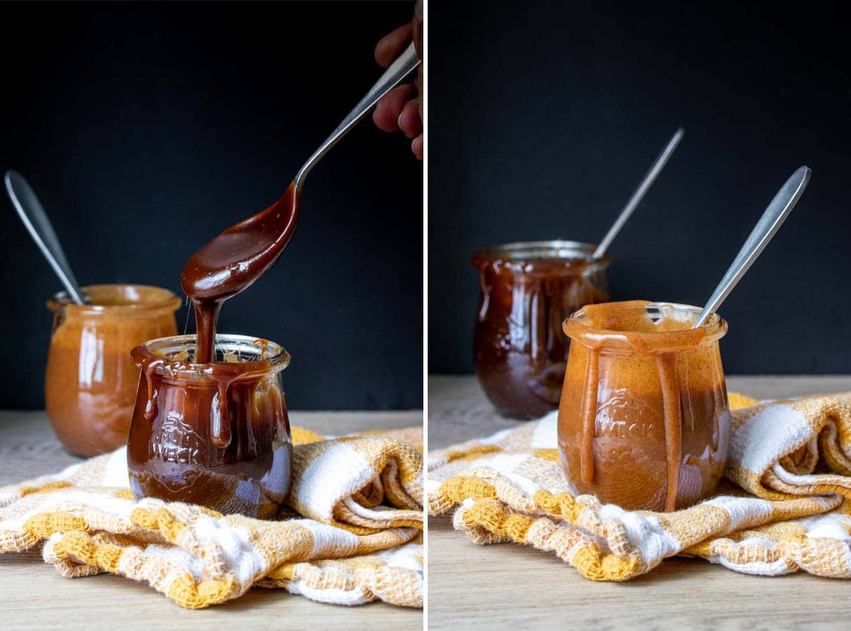 Collage of a dark caramel sauce being dripped from a spoon into a glass jar and a light one in a jar dripping off the sides