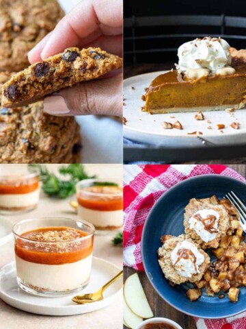 Collage of a cookie, piece of pumpkin pie, white and orange layered pudding and apple cobbler
