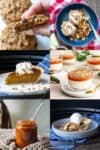 A collage of 6 various pumpkin and apple themed desserts from cookies to pies