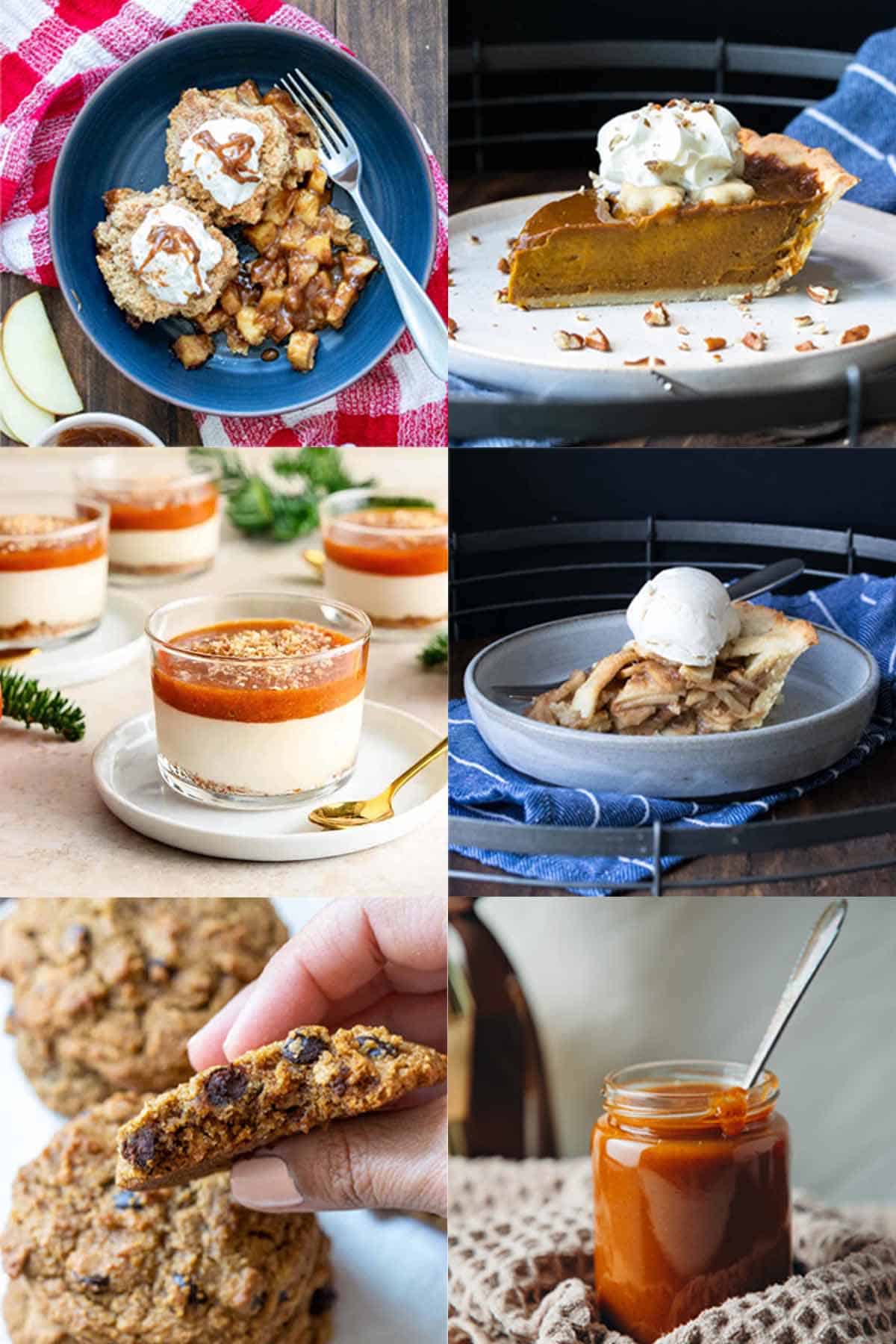 6 photos of pumpkin and apple themed desserts for fall from pies to pudding and cookies