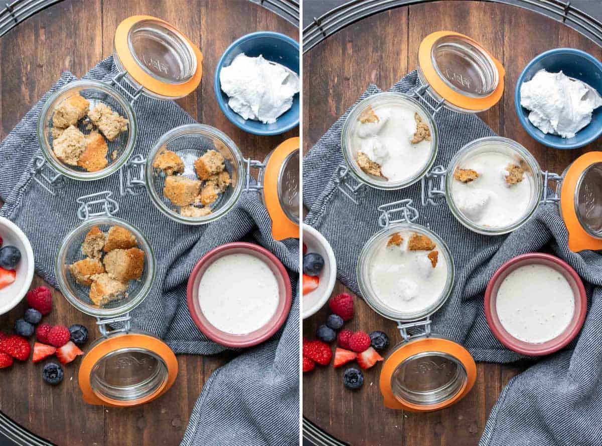 Collage of a top view of 3 jars being filled with pieces of cake and then topped with pudding