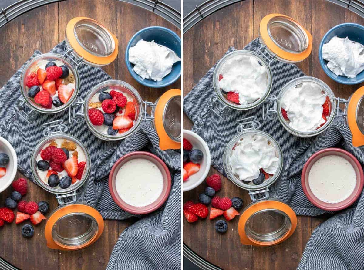 Collage of jars with pudding and cake being topped with berries and then with whipped cream