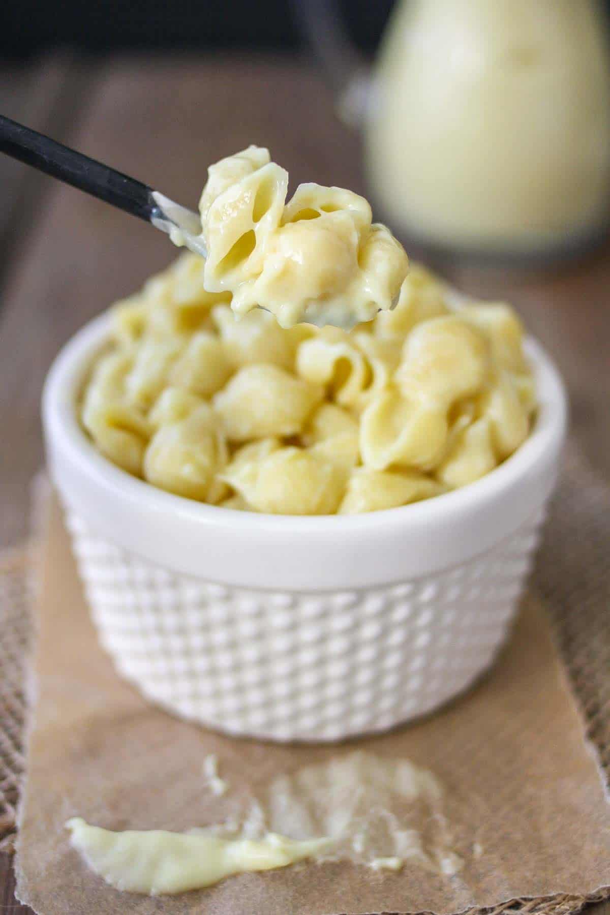 Spoon getting a bite of pasta shells mixed with a rich white cheesy sauce