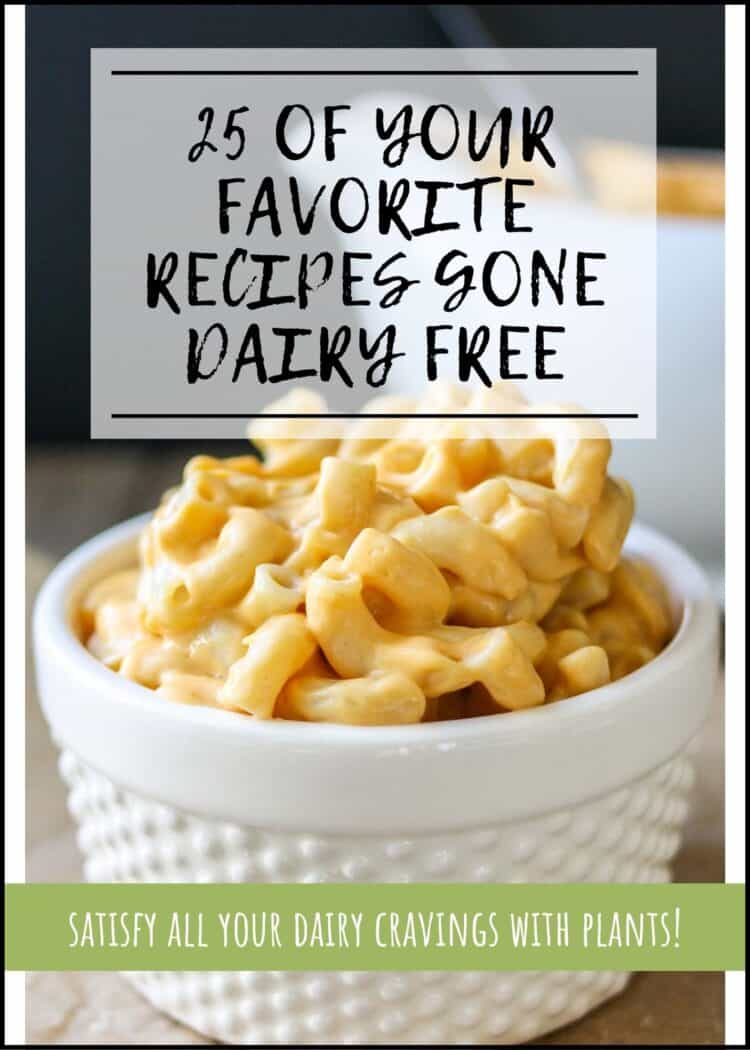 Mac and cheese in a white bowl with overlay text on dairy free recipes