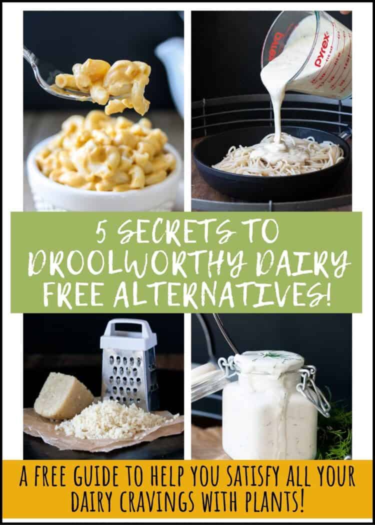 Collage of 4 dairy recipes with overlay text on dairy free alternatives