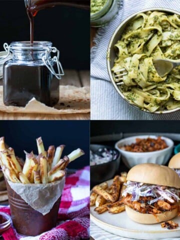 A collage of teriyaki sauce, pesto pasta, french fries and a bbq sandwich