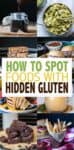 A collage of eight photos of foods with gluten in them like baked goods, sauces and pasta