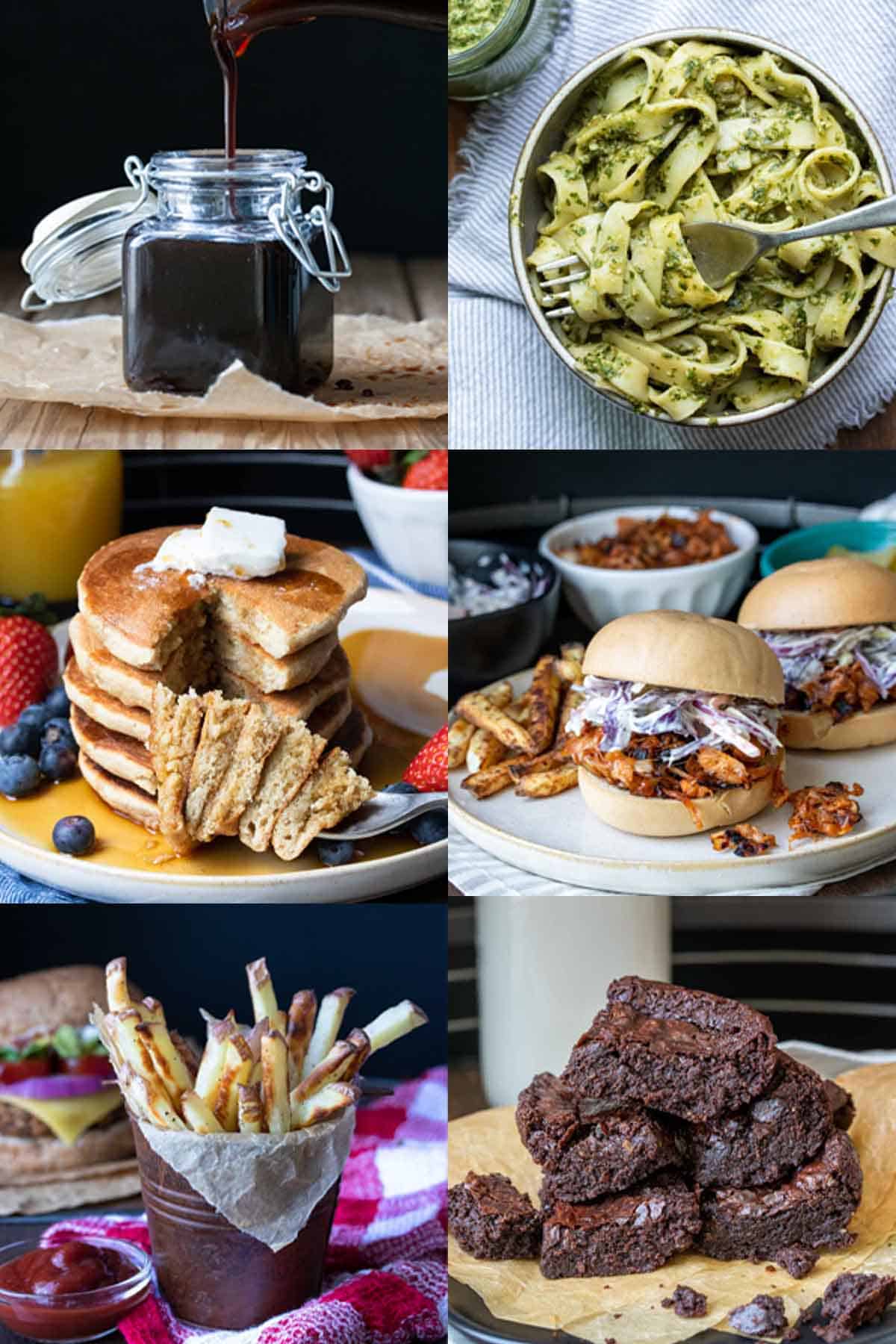 Collage of six photos of recipes that have gluten in them, like pasta and pancakes