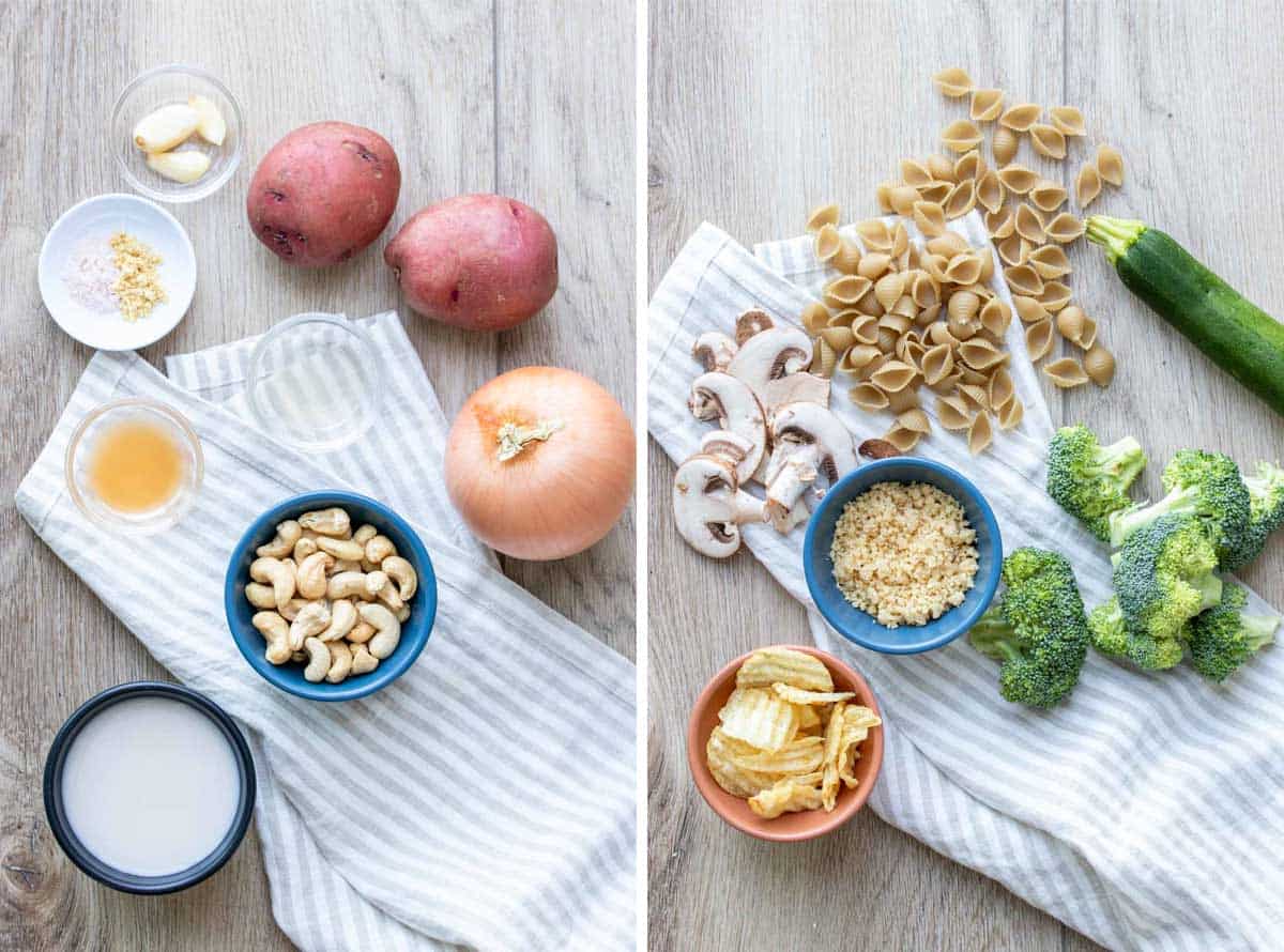 Collage of ingredients needed for a cashew based non dairy sauce and those needed for a veggie pasta