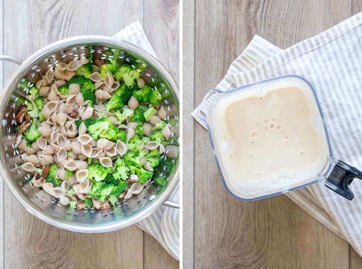 Collage of a pasta strainer with pasta and broccoli and a blender with creamy sauce