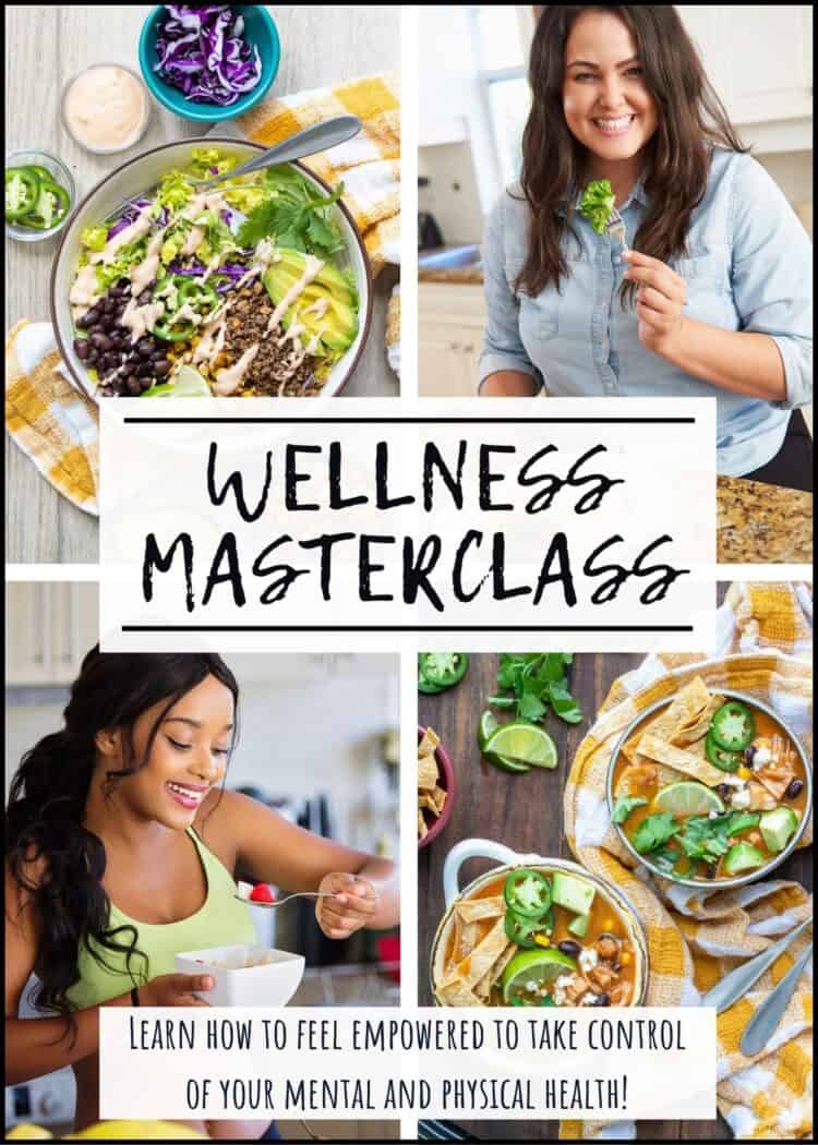 Collage photos of women eating and photos of salad and soup with overlay text