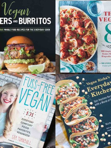 A collage of four cookbook covers for all vegan recipes