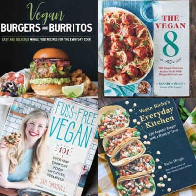 A collage of four cookbook covers for all vegan recipes