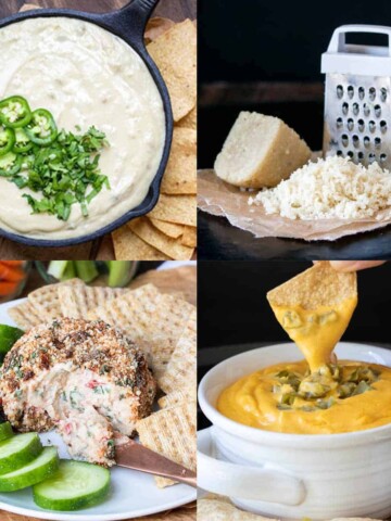 A collage of bowls with cheese dips, a bruschetta cheese ball and a stack of grated parmesan