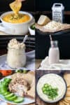 A collage of photos of foods that are alternatives to their dairy counterparts like milk and cheeses