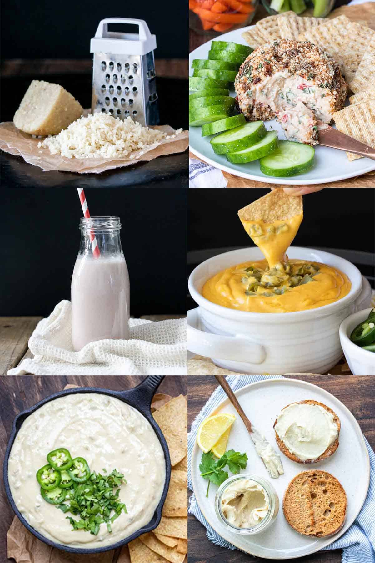 A collage of six dairy foods like cheese dips, cheeses and milk