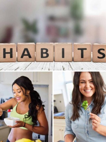 Two photos of women eating veggies below a photo of the word habit in blocks