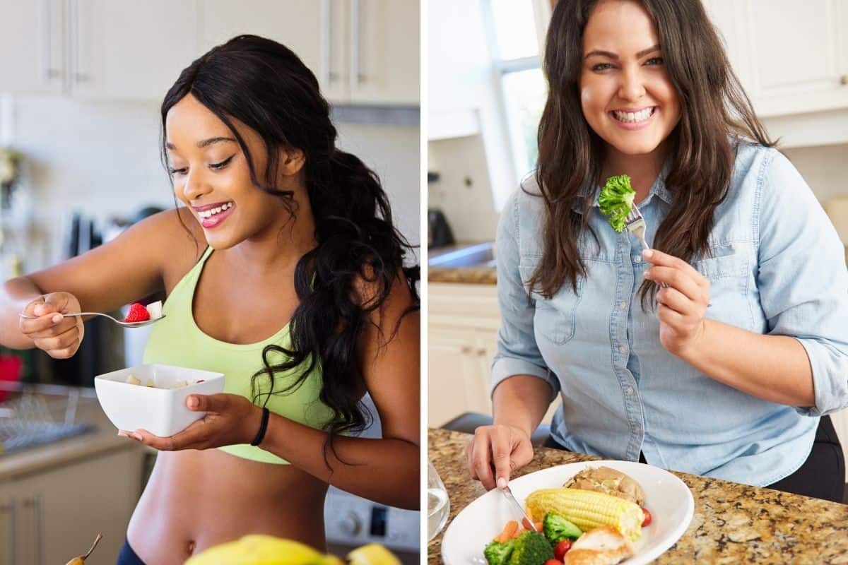 Collage of two women standing at a kitchen counter and eating out of bowls