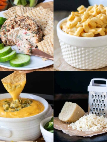 Collage of a cheese ball, mac and cheese, chip dipping in nacho cheese and grated parmesan.