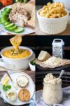 A collage of six various types of cheeses like mac and cheese to cream cheese.