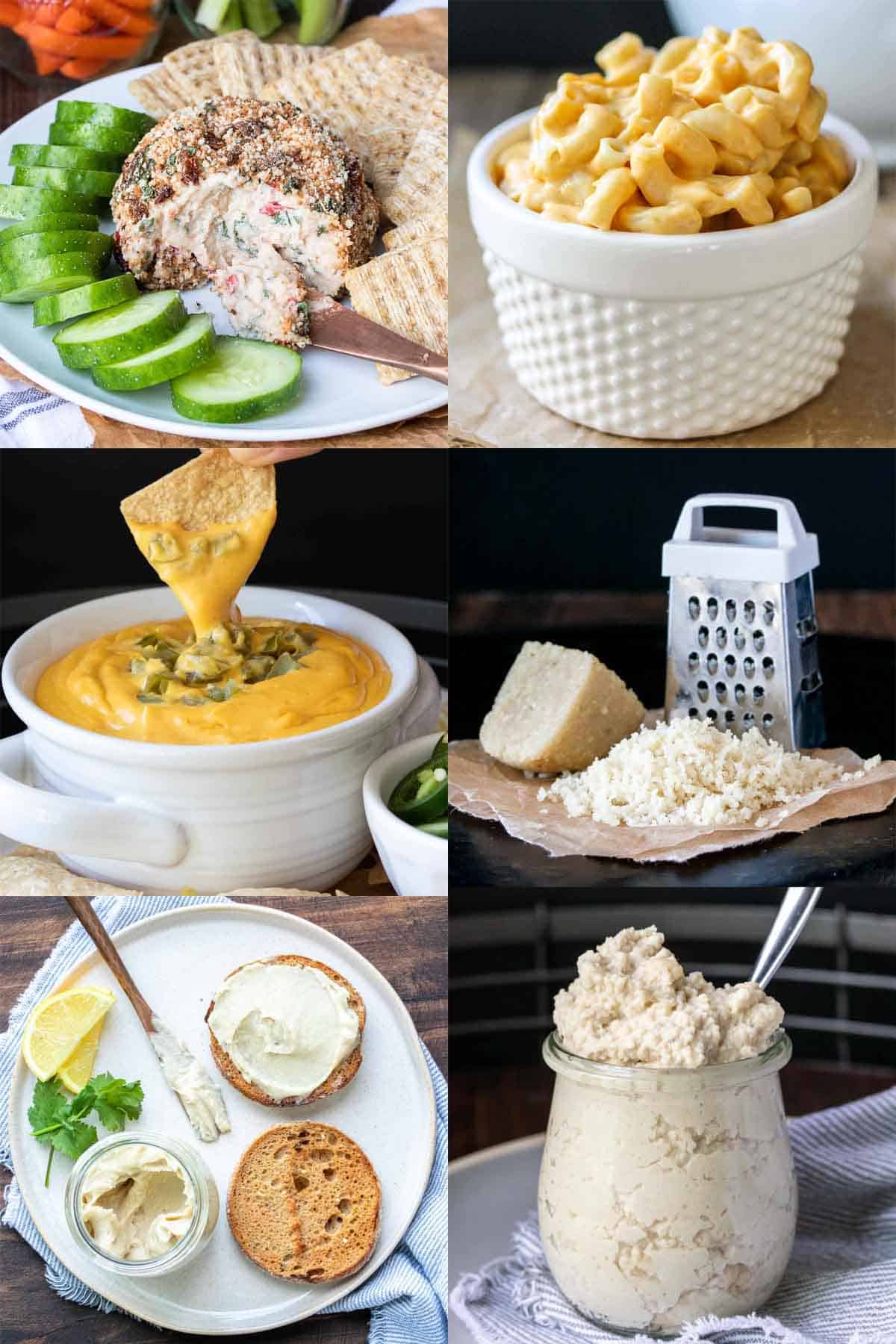Collage of different types of cheese like cream, nacho, mac and cheese, cheese ball, parmesan and ricotta