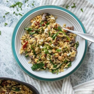 A white bowl filled with a veggie and orzo salad on a turquoise plate next to a pot of salad