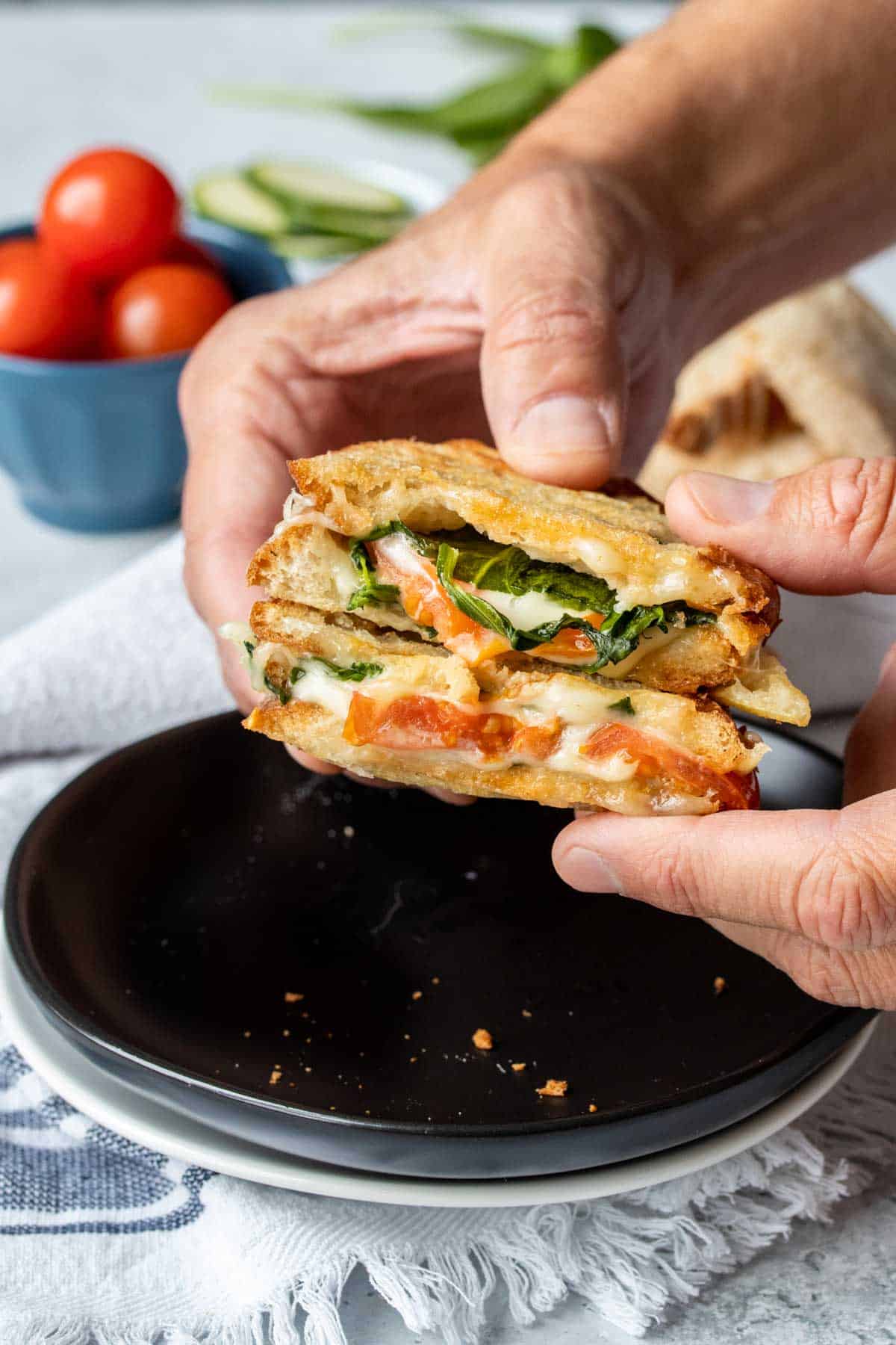 Two hands holding two halves of a veggie panini over a plate 