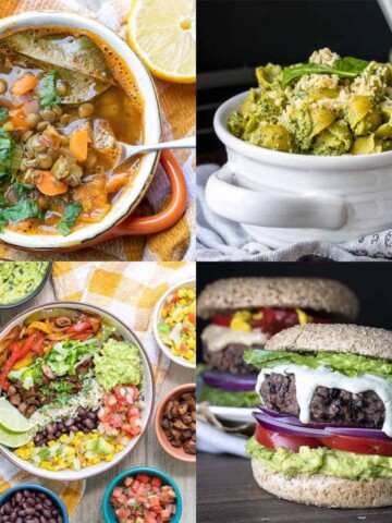 A collage of lentil soup, pesto pasta, bean burger and a burrito bowl