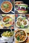 A collage of different vegan recipes from soups, tacos bowls, pasta and a burger