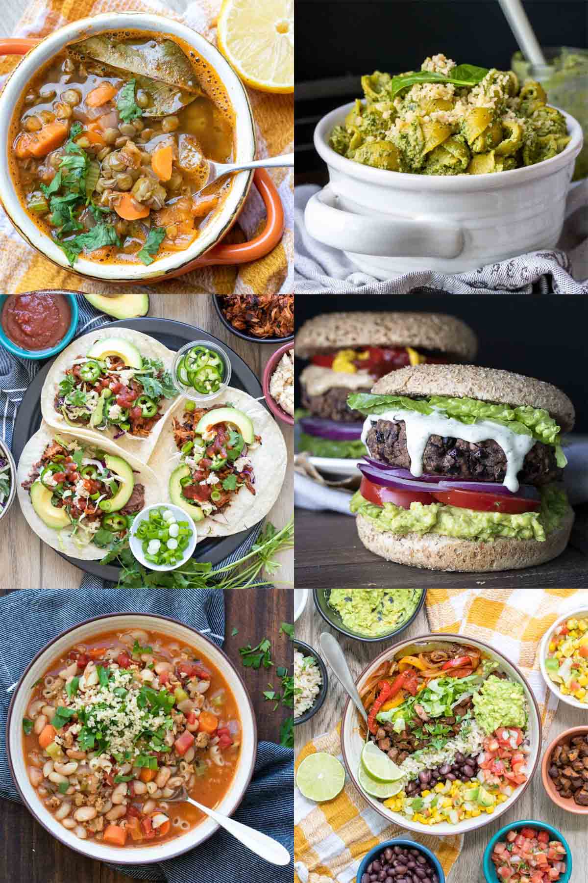 Six different vegan meals like soups, tacos, pasta, burgers and a bowl in a collage