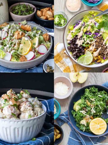 Collage of a Caesar salad, taco salad, potato salad and kale salad in bowls