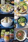 A collage of six different kinds of veggie based salads in bowls or jars