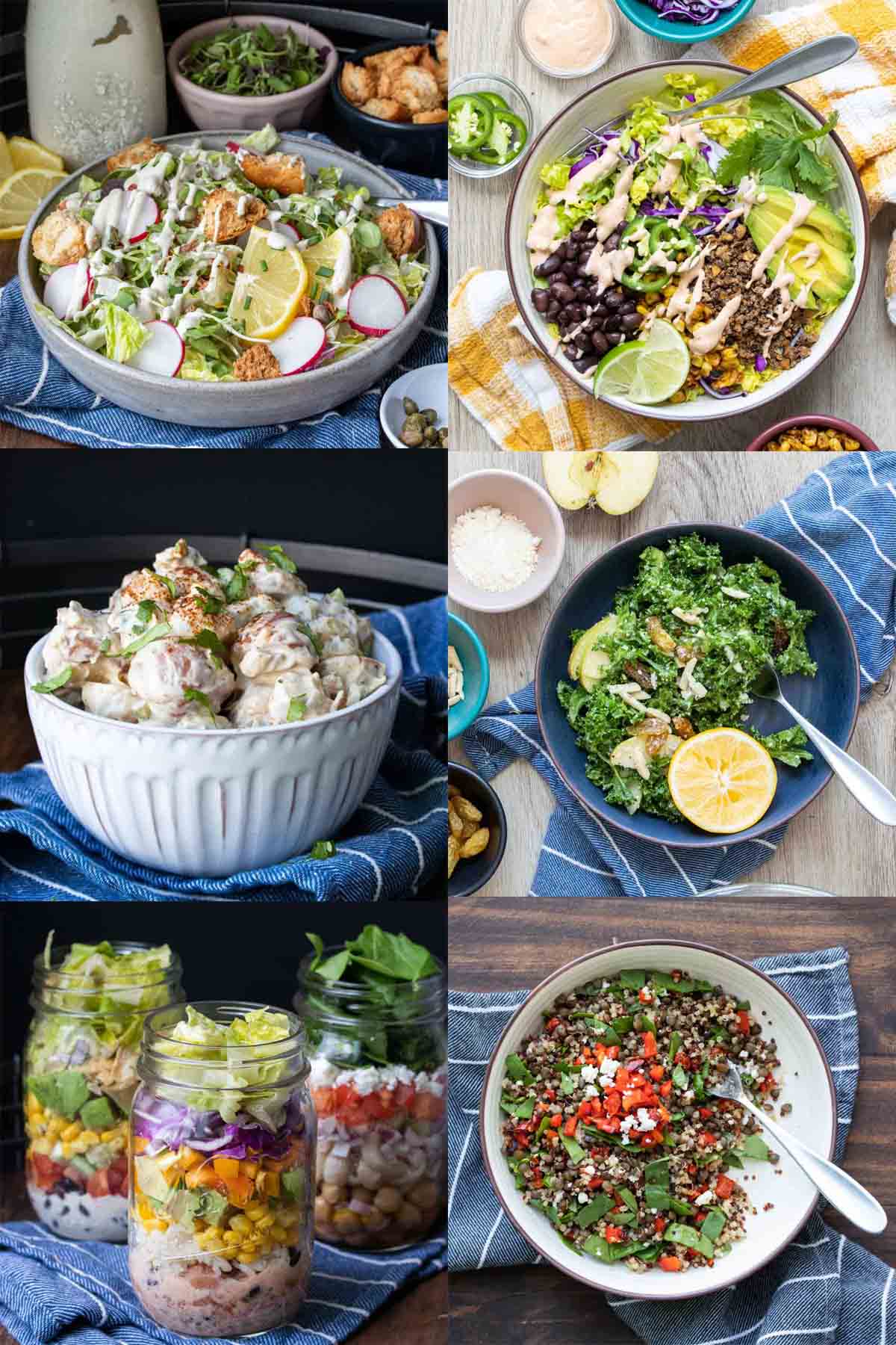 Collage of salads including caesar, taco, potato, kale, lentil quinoa and jar salad