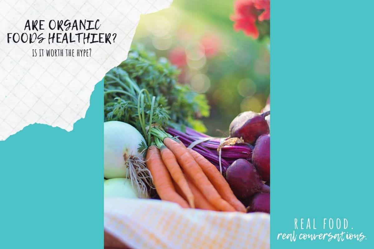 Overlay text on a turquoise color block with a photo of fresh veggies in a basket