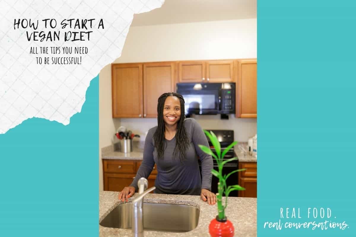 Overlay text over a turquoise color block and a photo of a woman standing in front of a sink