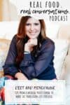 Overlay text on diet and menopause and a woman with long hair and her fist under her chin smiling