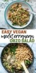 Overlay text on a collage of a Mediterranean orzo salad with chickpeas on a plate and in a bowl being mixed