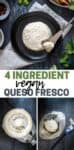A collage of a circle pile of queso fresco on a black plate, it being made in a food processor and in a cheese cloth.