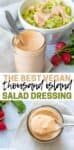 Overlay text on a collage of a thousand island dressing in a jar next to salad and a spoonful of it