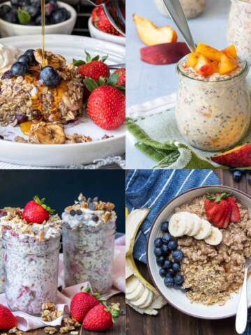 A collage of four oatmeal recipes, from baked oatmeal, overnight oats in jars and traditional oatmeal in a bowl