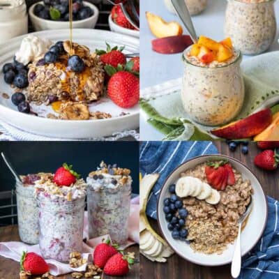 A collage of four oatmeal recipes, from baked oatmeal, overnight oats in jars and traditional oatmeal in a bowl