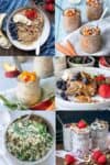 A collage of ideas for making oatmeal for breakfast including those with fruit and in jars