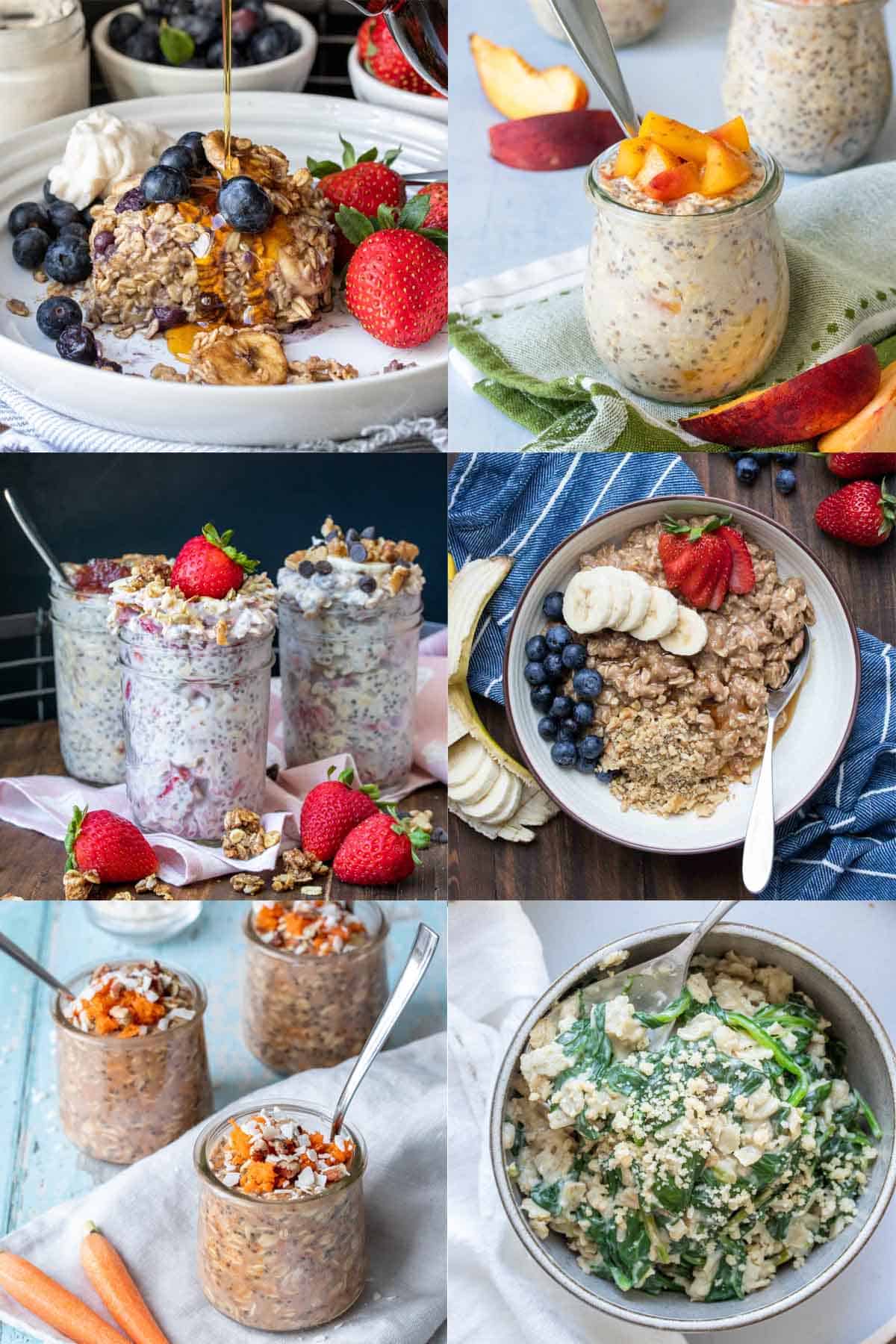 Collage of six different recipes that include oatmeal both in bowls and jars