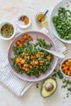 A pink plate on a tan striped towel with a kale salad topped with butternut squash and pumpkin seeds and ingredients surrounding it