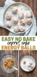 A collage of carrot cake energy balls laid out on a grey plate, the dough being mixed in a glass bowl and balls being rolled in coconut with overlay text.