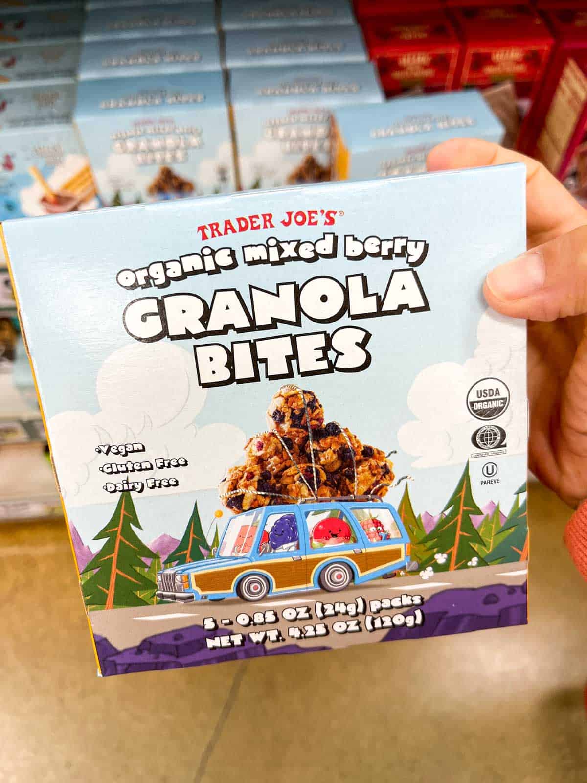 A hand holding a box of granola bites from Trader Joe's
