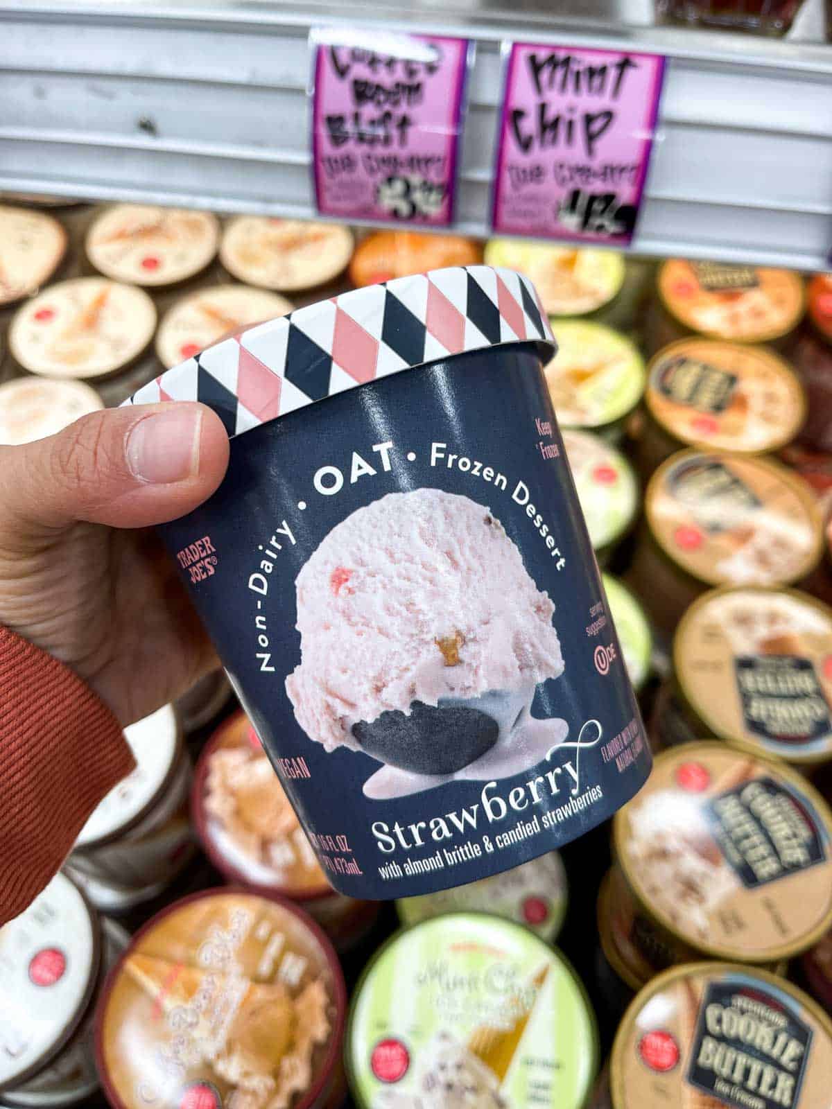 A hand holding a small pint of strawberry oatmilk ice cream in a blue and pink carton