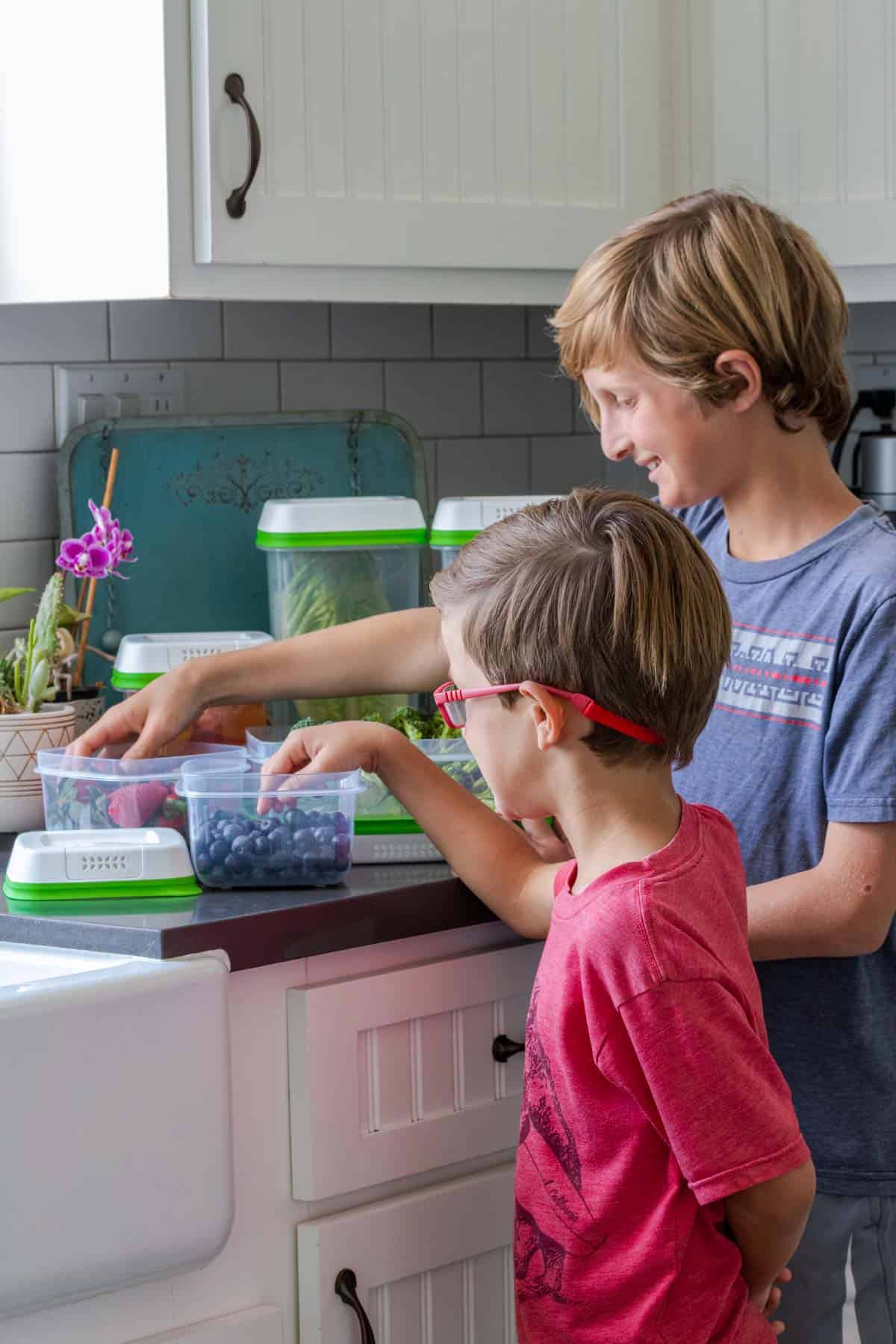 Two young boys at a kitchen counter with plastic containers filled with fruit and veggies and grabbing at them.