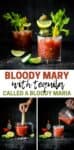 A collage of a bloody Mary being mixed, poured into a short cocktail glass and the final drink with garnishes and overlay text.